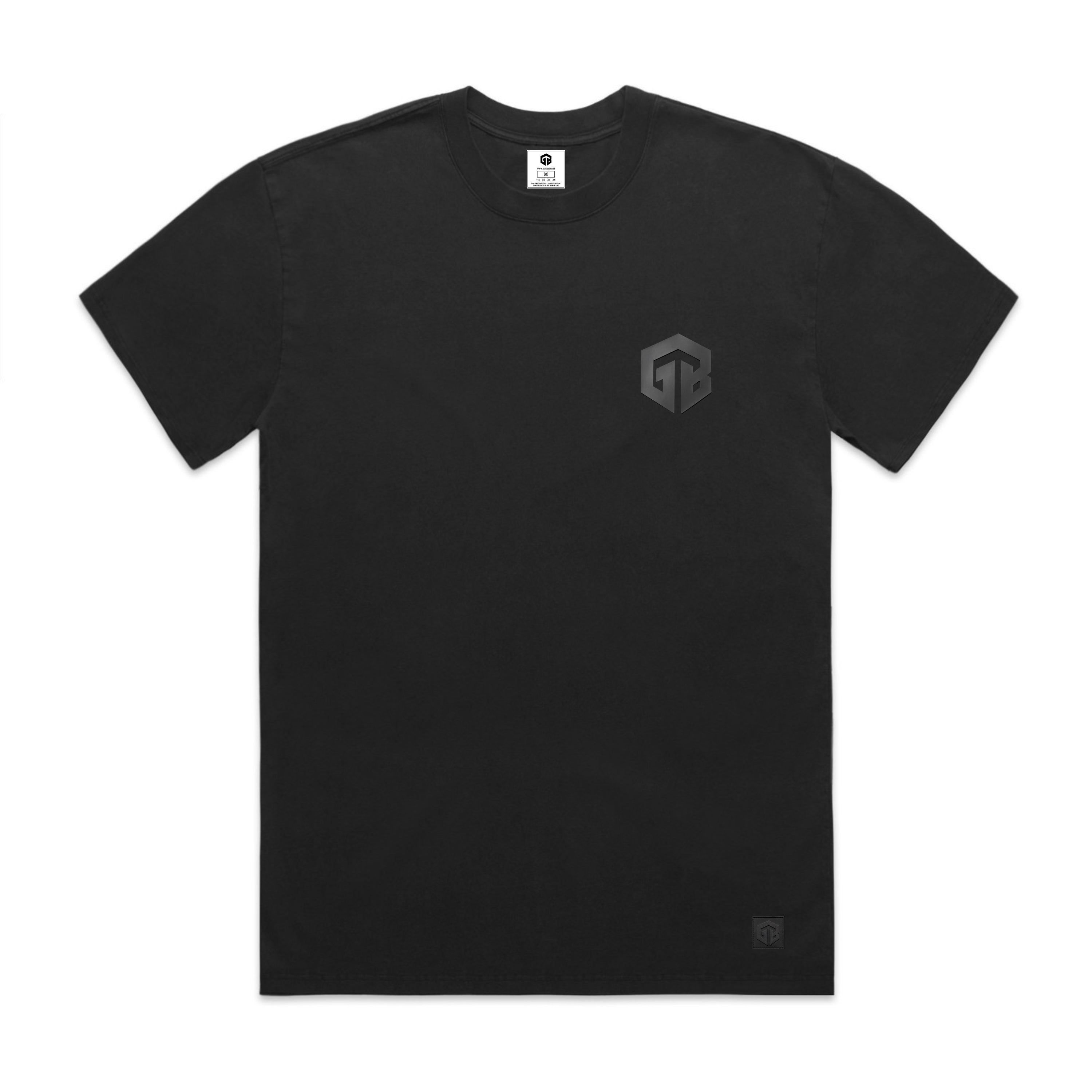 A black short-sleeve crewneck t-shirt with a subtle dark gray geometric logo on the left chest, displayed flat against a solid white background.